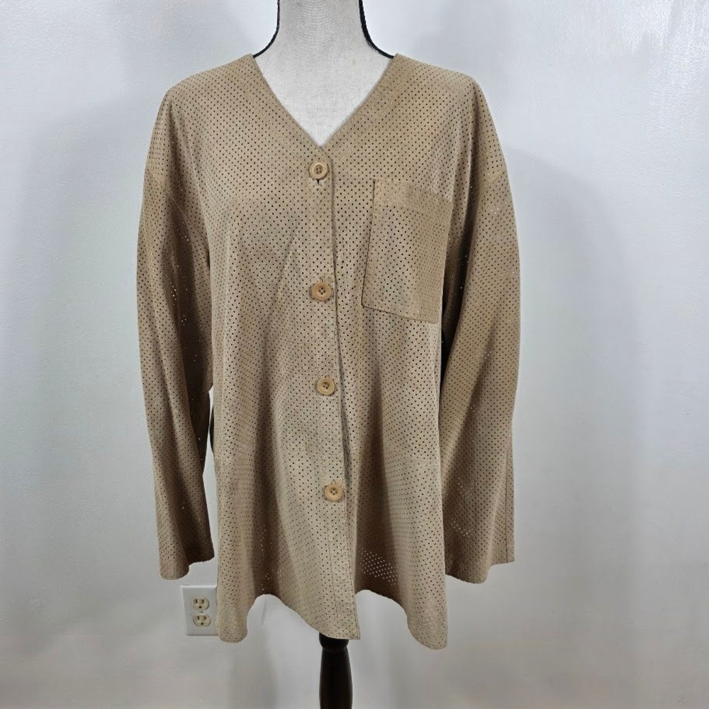 Adrienne Vittadini Leather Shirt Womens L Tan Perforated Suede Button Up Jacket